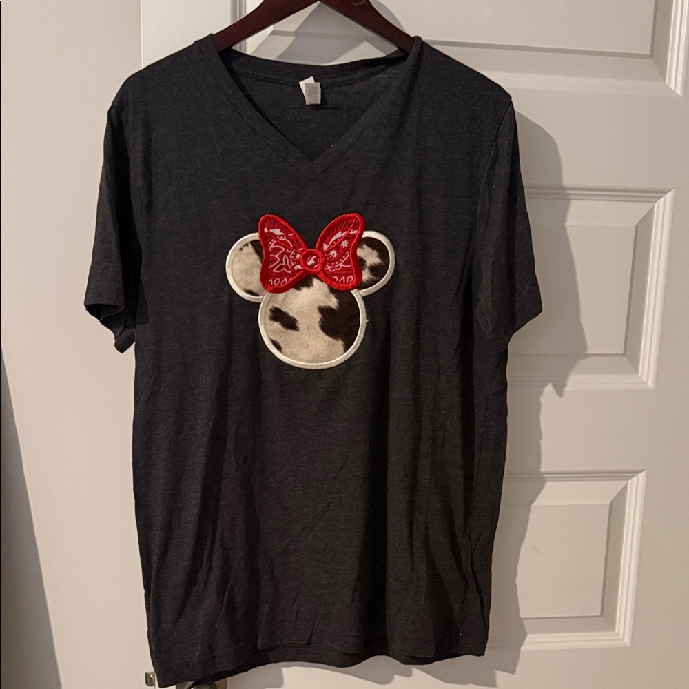 Women’s V-Neck Red Western Bow Cow Print Embroidered Minnie Mickey Mouse logo